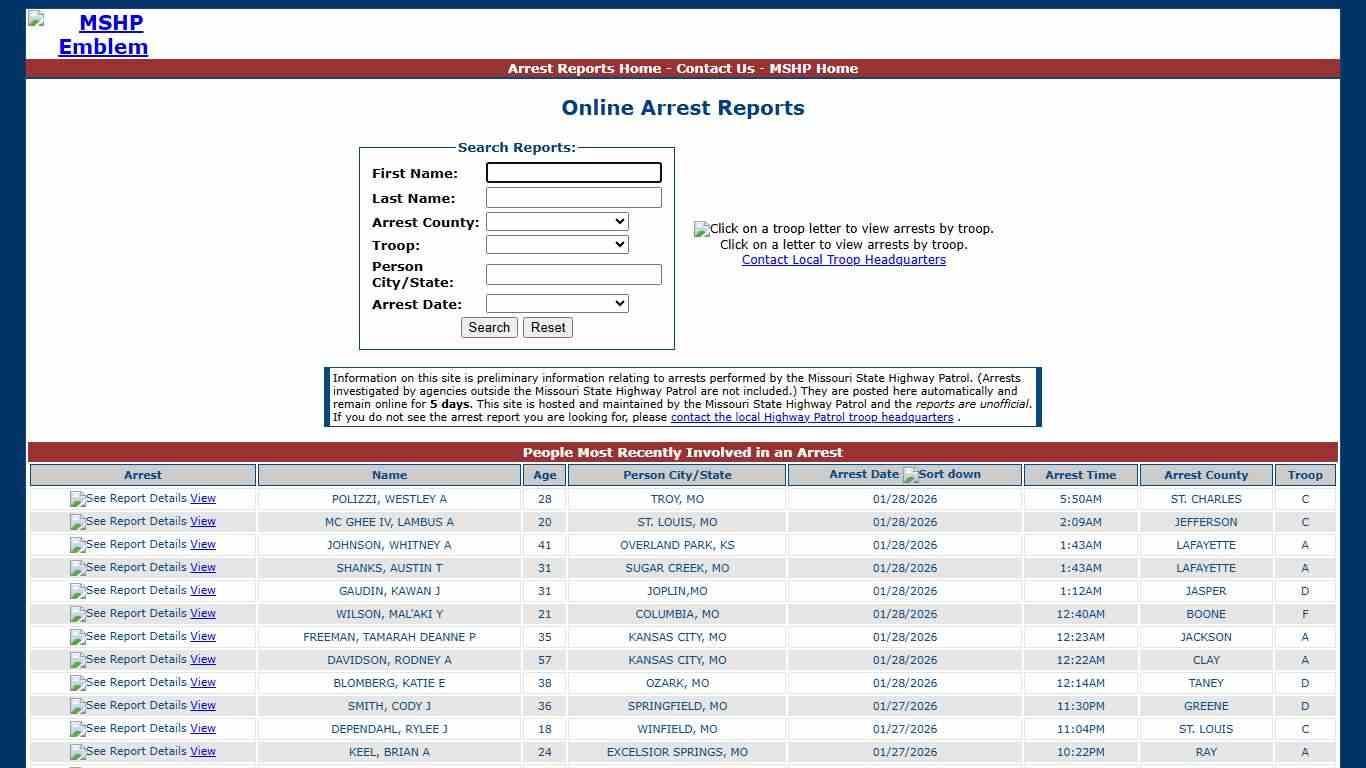Missouri State Highway Patrol - Arrest Reports